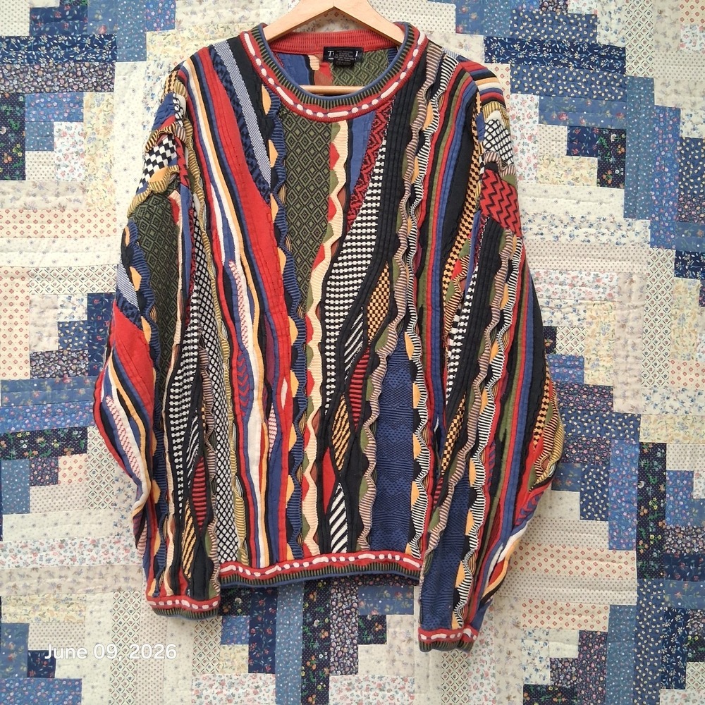 Vintage 90s Tosani 3D Knit Sweater Coogi Style Multi Color Textured Large Cotton